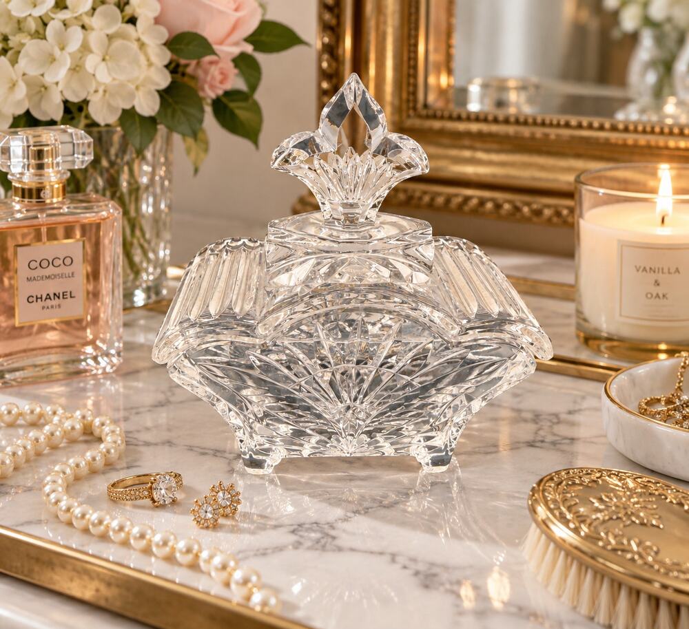 Crystal Fleur De Lis Vanity Box Trinket Jewelry Dish Lidded Cut Glass Vintage